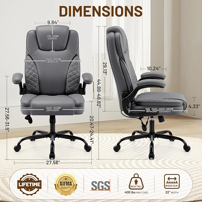 Ergonomic Office Chair, PU Leather High Back Executive Chair with Adjustable Inflatable Lumbar Support and Padded Flip-Up Arms, Recline Swivel Task Computer Chair for Home Office, Gray - Image 3