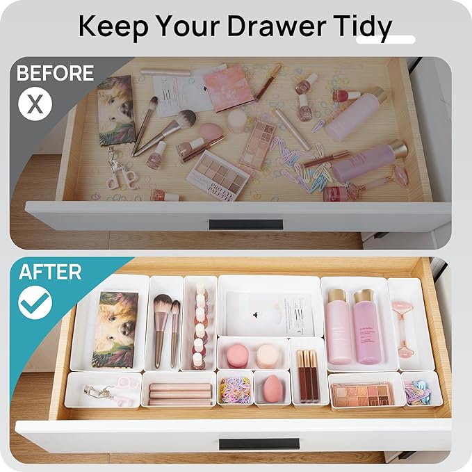 Vtopmart 44 PCS Plastic Drawer Organizer Set, Vanity Organizer Trays, White | 4-Size Versatile Makeup Organizer, Non-Slip Storage Containers for Makeup, Jewelries, Bedroom，Kitchen Utensils and Office - Image 3