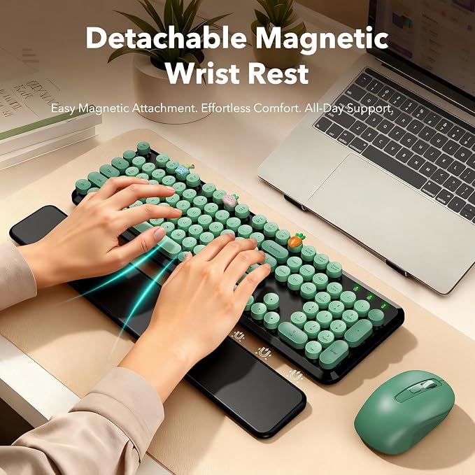 Wireless Keyboard and Mouse Combo, Round Keycaps, Full-Size Retro Typewriter Keyboard with Magnetic Wrist Rest, Tilt Legs, 2.4GHz Cordless for Mac, Windows PC, Laptop, SABLUTE CK23, Black & Green | Full-Size Retro Typewriter-Style Keyboard, Tilt Legs, ... - Image 2
