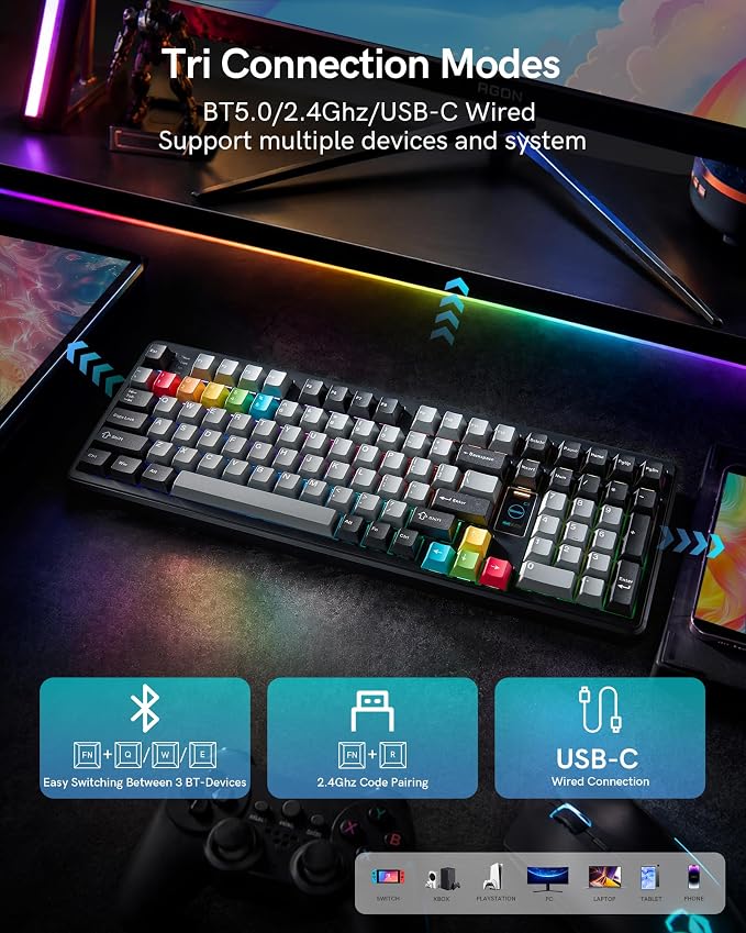 Keymatic Mechanical Keyboard Wireless,98% Pink Creamy Keyboard Gaming Keyboard,3 Mode with Multimedia Screen,RGB Backlit,Black - Image 6
