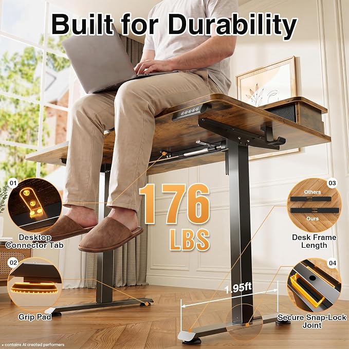 Veken 63x28 in Electric Standing Desk with Drawers, Adjustable Table, Brown | Stand up Computer Desk for Home Office, Work & Study, with Storage, 3 Memory Presets, Cable Organizer, Hook, and Quiet Lift. - Image 6