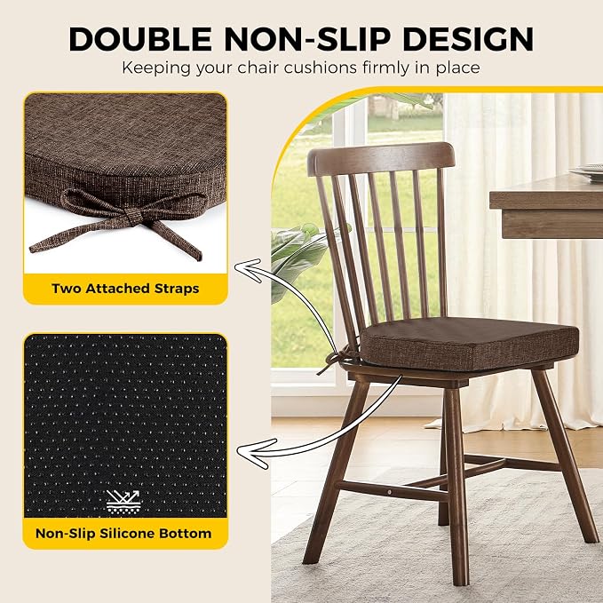 downluxe Indoor Chair Cushions for Dining Chairs, Soft and Comfortable Textured Foam Kitchen Chair Pads with Ties and Non-Slip Backing, 16" x 16" x 2", Brown, 4 Pack - Image 4