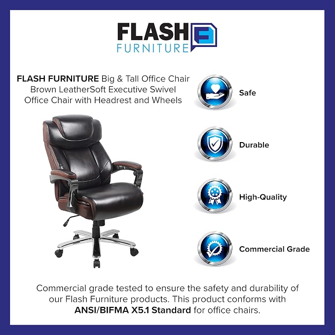 Flash Furniture Big and Tall Office Chair - Brown LeatherSoft Executive Swivel Office Chair with Headrest and Wheels | 500 LB Capacity, Padded Armrests, 360° Swivel, Height Adjustable, Commercial Grade - Image 11