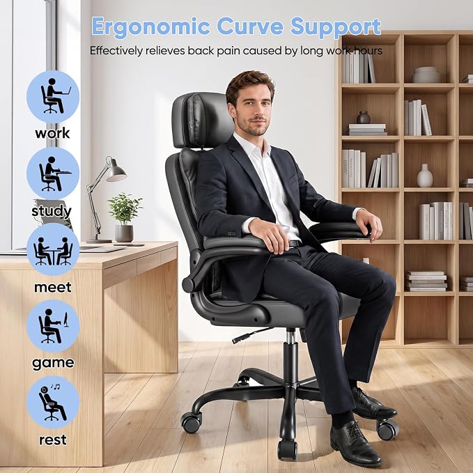 Kensaker Managerial Executive Chair with Adjustable Headrest | High Back Lumbar Support Computer Chair PU Leather Chairs Comfy with Double Padding & 135° Rocking for Home Office, Black - Image 5