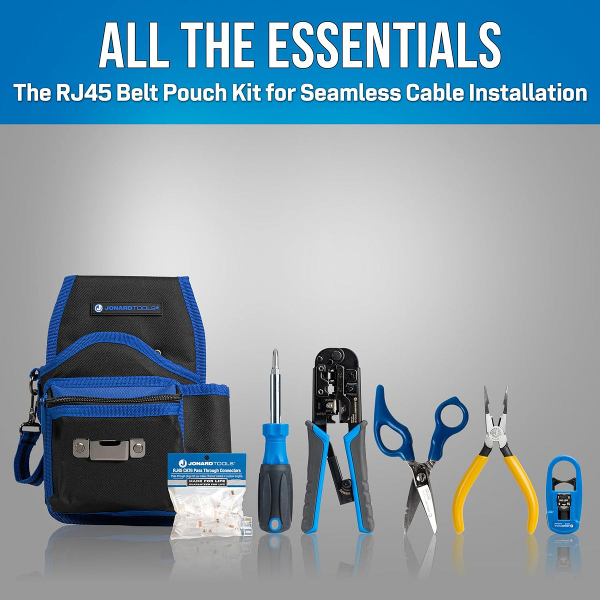 Jonard Tools TK-145 Network RJ45 Belt Pouch Tool Kit - 12-Pocket Tool Pouch, 6-in-1 Screwdriver, Scissors, Pliers, Crimper & Cable Stripper, RJ45 Pass-Through Connectors - Image 2