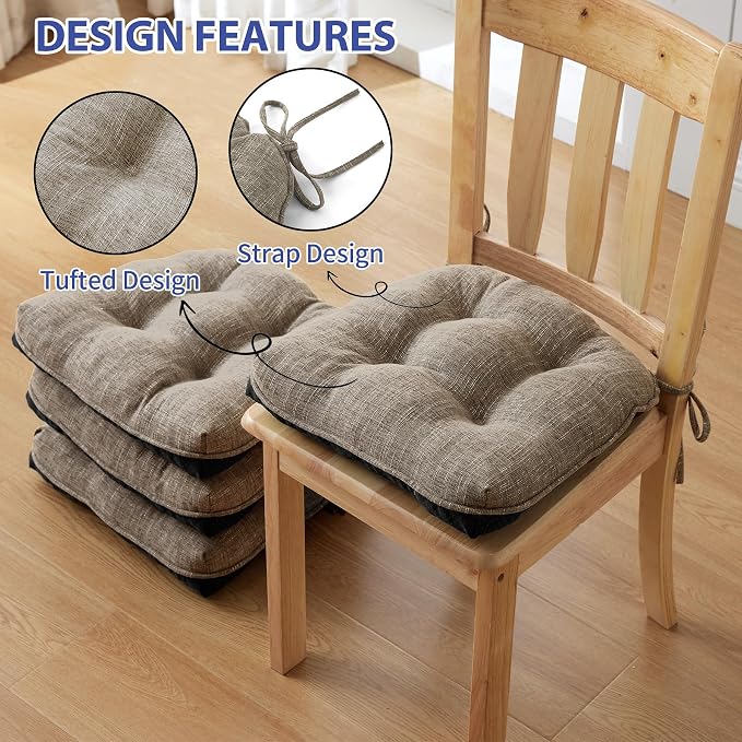 IPYNBAP Chair Cushions for Dining Chairs Set of 4, Kitchen Chair Cushions, Chair Pads with Ties and Non Slip Backing, Tufted Memory Foam Seat Cushion 4 Pack, 18" x 18" x 4", Khaki - Image 4