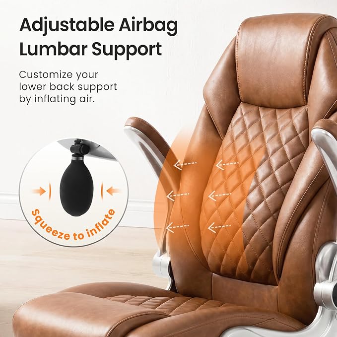 NEO CHAIR Executive Leather Chair, Ergonomic Office Chair, Lumbar Support | Brown Ergonomic Office Chair with High Back, Flip-Up Arms and Wide Seat, Comfortable Gaming Chair with Wheels for Back Pain - Image 4
