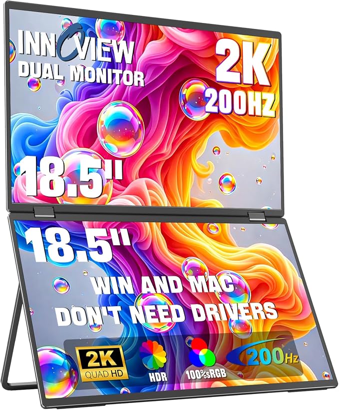 InnoView 18.5" Dual Portable Monitor 2K 200Hz 100% sRGB - Foldable & Stackable Design with 315° Screen Adjustment & 180° Stand | DP/USB-C/HDMI, Second Monitor for Laptop, Mac, Windows by InnoView