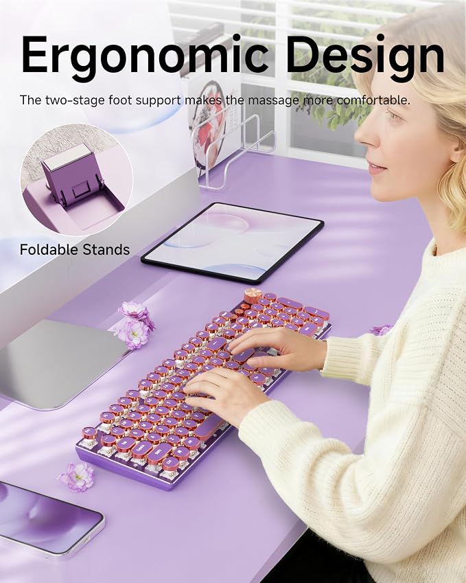 EWEADN V20 Typewriter Keyboard Wireless, 104 Keys Typewriter Style Mechanical with White Backlit, Media Knob, Pink Switch 2.4G/Bluetooth/USB-A Wired Retro Full Size Keyboard for Windows/Mac/PC-Purple - Image 7