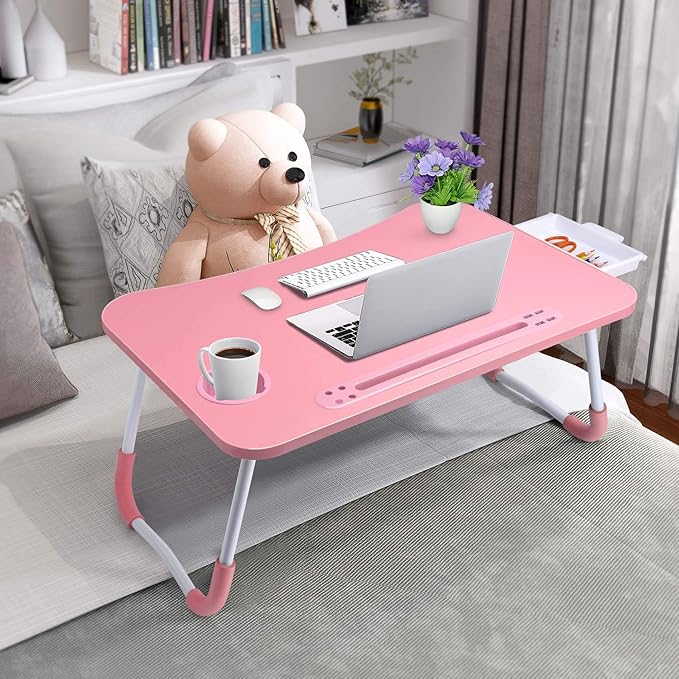 Slendor Bed Desk for Laptop and Writing with Storage, Cup Holder, Light | Fan, Pen Holder,Tablet Holder,Foldable, for Bed, Couch, Floor, Portable,Pink - Image 3