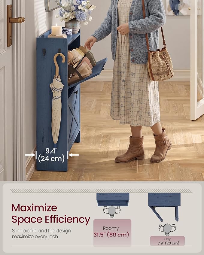 VASAGLE Narrow Shoe Storage Cabinet Organizer with 2 Flip Drawers | Freestanding Shoe Rack, Fits 14 to 16 Pairs, for Entryway, Farmhouse Style, Rustic Blue, HAINS Collection UHSC203QR01S - Image 4
