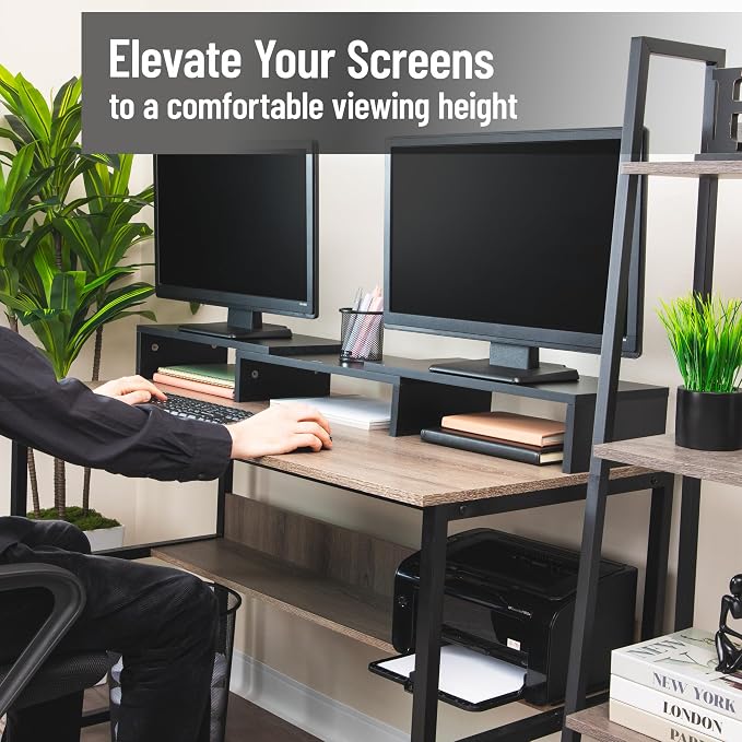 Mind Reader Dual Monitor Stand, Desktop Organizer, Laptop Riser, Office, MDF, 51.25"L x 9.25"W x 4.75"H, Black - Image 3