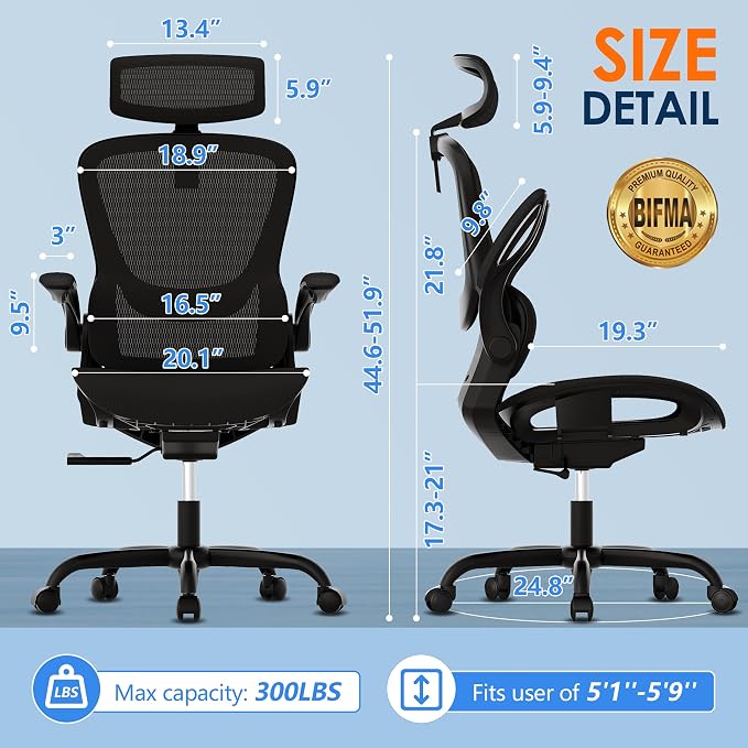 Ergonomic Mesh Office Chair, Adjustable Home Desk Chair with Folding Armrest, 2D Headrest, Soft Seat and PU Wheel, Black Swivel Task Chair for Office, Business, Student (GY1108) - Image 2