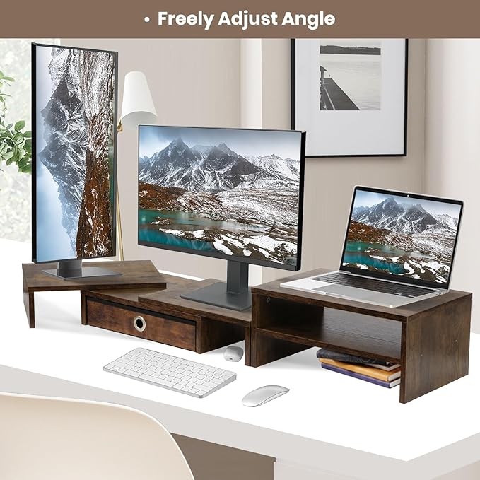 Monitor Riser for 3 Monitors, Angle Adjustable Monitor Stand with Drawer | Dual Monitor Stand for Desk, Dual Monitor Stand with Storage, Wooden Extra Long Triple Monitor Riser up to 52", Rustic Brown - Image 7