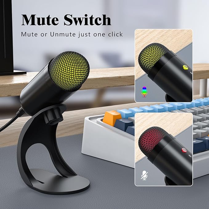 USB Computer Microphone, Podcast Mic Desktop with Mute Button for Recording Streaming, Color Change, Omnidirectional Condenser, Plug and Play with Stand for PC, Laptop, Mac, YouTube - Image 4