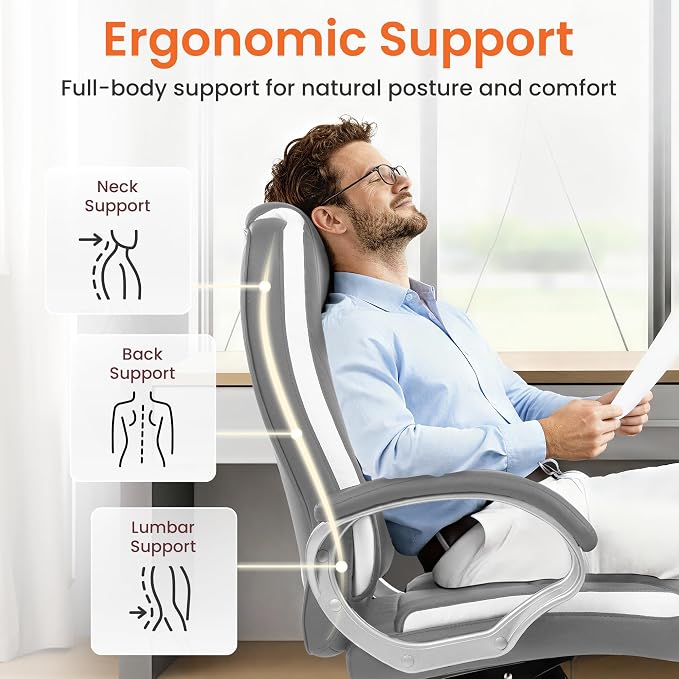 NEO CHAIR Office Desk Chair PU Leather Chair with Lumbar Support, Grey | Ergonomic High Back Executive Computer Chair, Comfortable Padded Fixed Armrests Swivel Chair with Wheels for Office/Home - Image 5