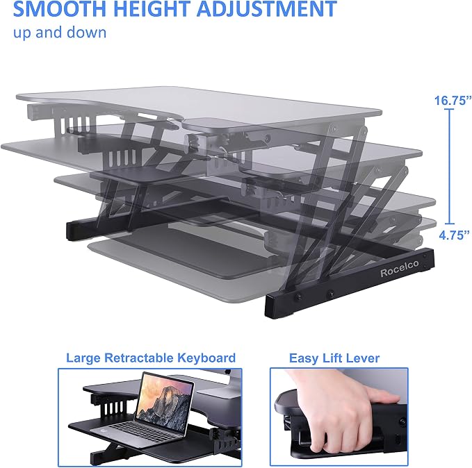 Rocelco 32" Height Adjustable Standing Desk Converter with Anti Fatigue Mat BUNDLE - Sit Stand Up Dual Monitor Riser - Computer Workstation - Large Retractable Keyboard Tray - Black (R ADRB-MAFM) - Image 4