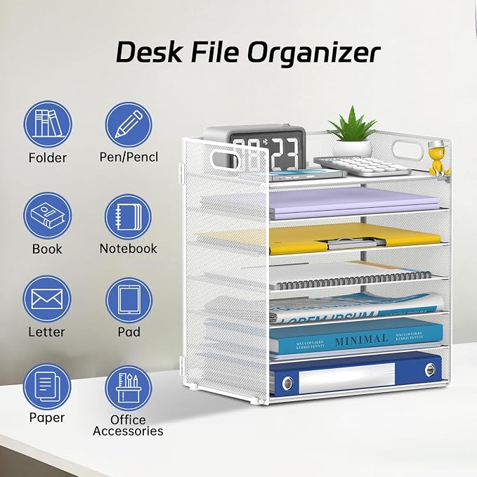 7 Tier Paper Organizer for Desk with Letter Trays & Handle White | Black Desk File Organizer with Handle for Sorting Papers, Files, Folders, Mail, Bills and Office Supplies - Image 3