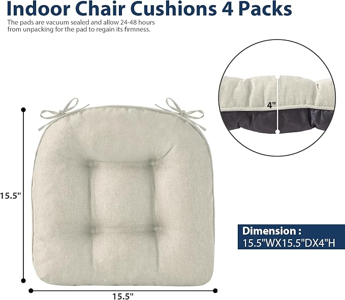 IASEAHK Chair Cushions for Dining Chairs, Seat Cushions for Kitchen Chairs, Indoor Seat Cushions with Ties, Tufted Foam Chair Pads, Non Slip Chair Cushions Set of 6, 15.5" x 15.5" x 4", Beige - Image 2