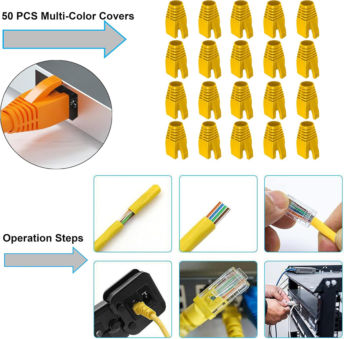 LEATBUY Crimper CAT5/CAT6 Crimping Tool Kit RJ45 Crimp Tool Set for RJ11/RJ12 Pass Through 50PCS Connectors, 50PCS Covers Network Wire Stripper Punch Down Tool Stripper Pliers Cutter (YELLOW) - Image 5