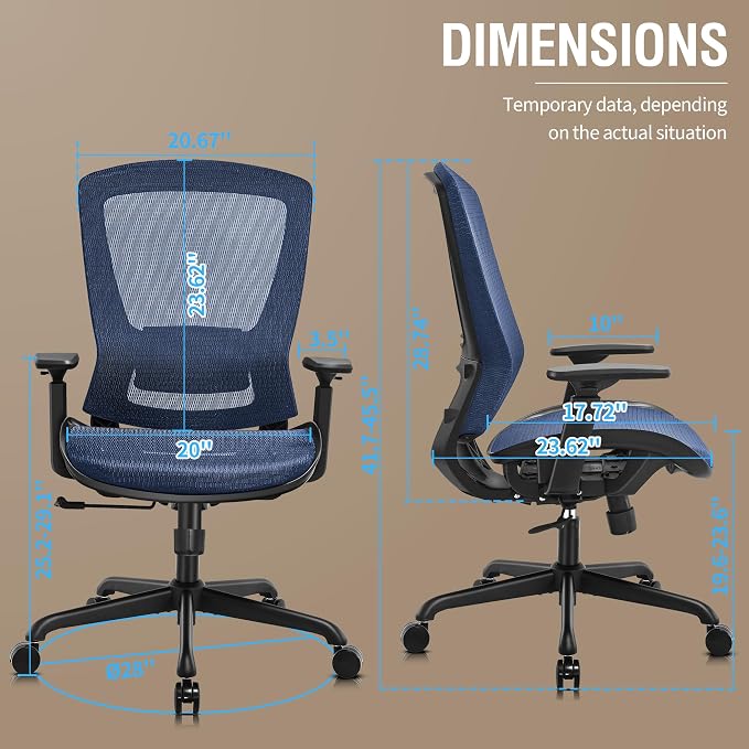 Mesh Office Chair,Ergonomic Computer Desk Chair,Sturdy Task Chair- Adjustable Lumbar Support & Armrests,Tilt Function,Comfort Wide Seat,Swivel Home Office Chair (Blue) - Image 3