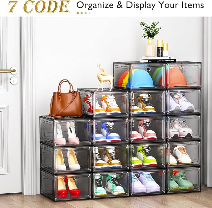 12 Pack Shoe Organizer, Stackable Shoe Storage Boxes with Magnetic Door | Clear Plastic Shoe Boxes for Sneakers, Boots & Heels, Foldable Space-Saving Shoe Rack for Closet, Durable Shoe Cabinet, Black - Image 3