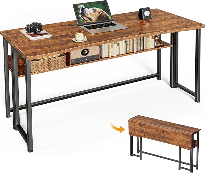 Huuger Folding Desk with Storage Shelf, 47.2 Inch Foldable Computer Table | Writing Work Office Computer Desk for Small Spaces, Space Saving Sofa Table for Couch, Easy to Fold, Rustic Brown by Huuger