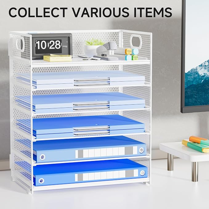 Paper Organizer for Desk with Handle, 6-Tier | Metal Mesh File Organizer, Stackable Letter Tray for Office Documents & Stationery Storage - Image 7