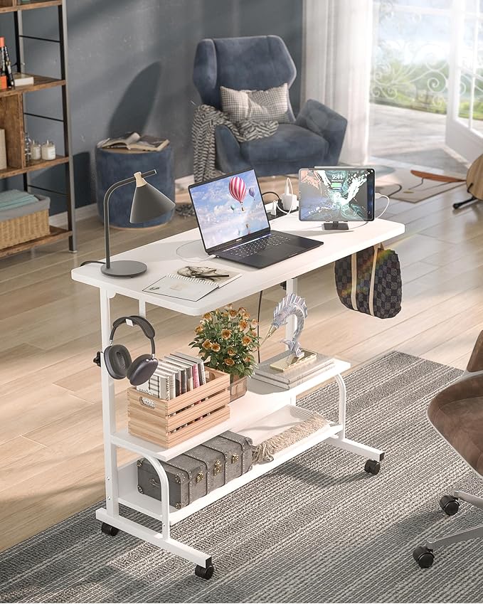 32" Rolling Standing Desk with Charging Station for Couch Bed | Height Adjust 27.5-41", 2 AC/3 USB, Mobile 4 Lockable Wheels, 2-tier Shelves Hook, Safe Corner Fast Assembly - Image 2