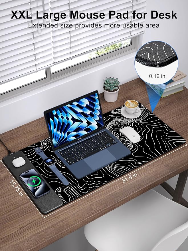 TopMade Mouse Pad with 15W Fast Wireless Charging, 31.5"x15.75" XXL Large Gaming Waterproof Desk Pad with Ultra-Smooth Surface, Non-Slip Base, Computer Desk Mat, Black Topographic Map #2 - Image 3