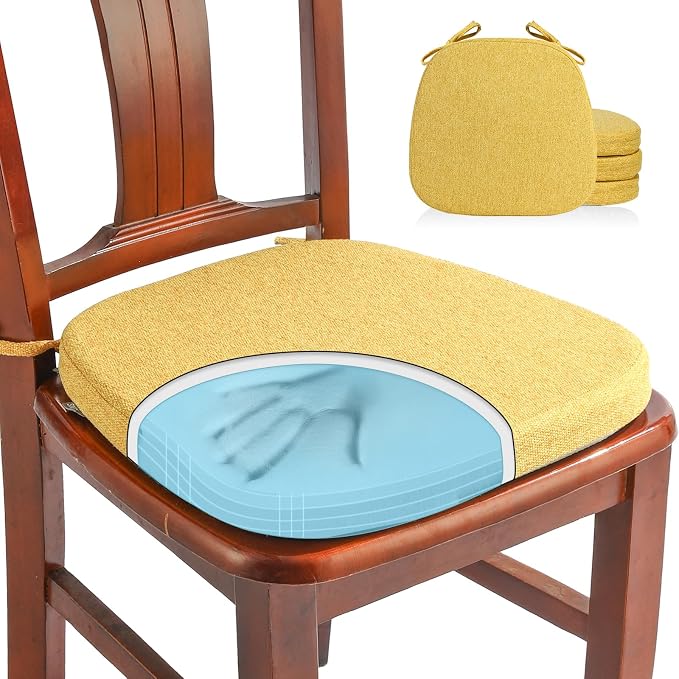 SINOSSO 4 Pack Memory Foam Chair Cushions for Dining Chairs, Friendly Woven Fabric 16" U-Shape Comfortable Kitchen Chair Pads, Removable Slip Resistant Seat Cushions (Set of 4, Yellow) by SINOSSO