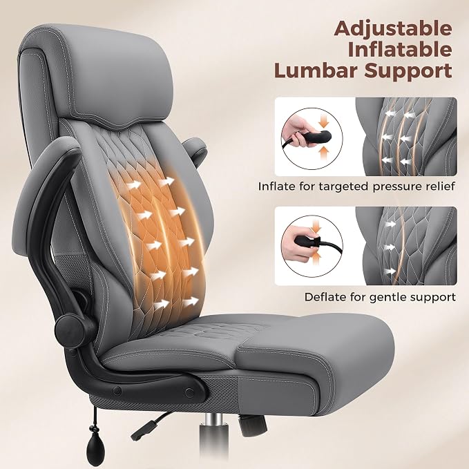 Ergonomic Office Chair with Lumbar Support, Executive Leather Computer Desk Chair with Flip Up Arms & Rocking Function, High Back Big and Tall Comfortable Gaming Chair for Home Office - Image 3