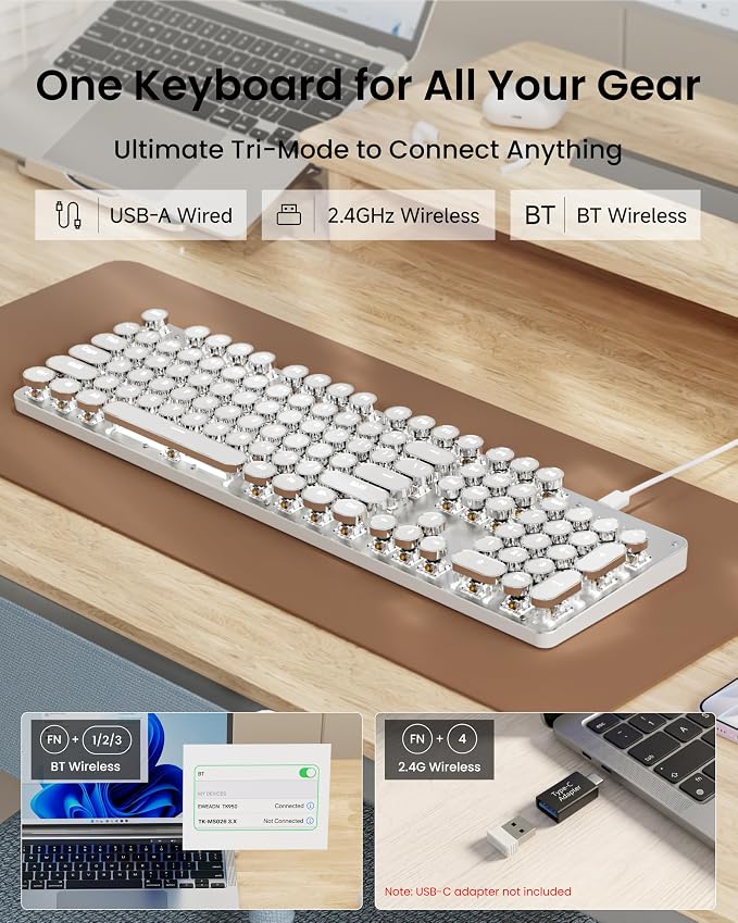 Wireless Typewriter Style Mechanical Keyboard with White Backlit, White | Bluetooth/2.4G/Wired, Clicky Blue Switch, Retro Keycaps, Rechargeable, Aesthetic Set for Mac, Windows, PC（EWEADN） - Image 4
