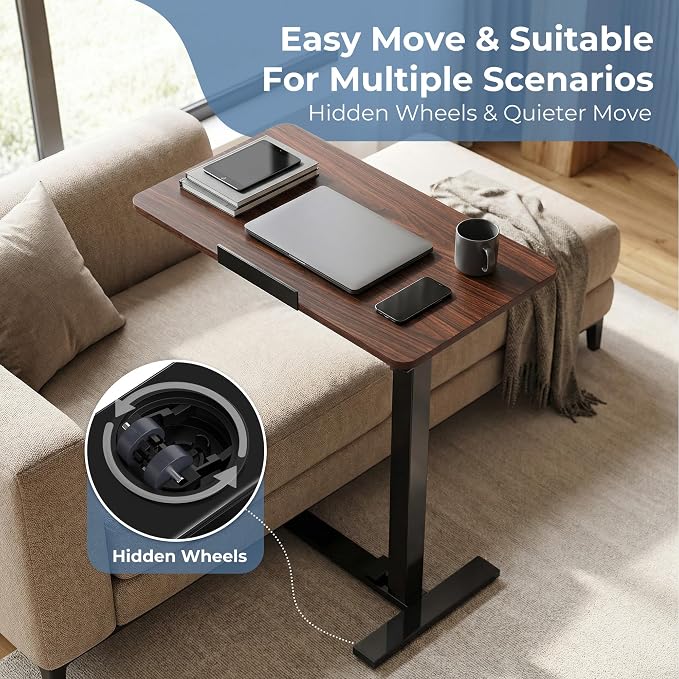 DUMOS Rolling Desk, Laptop Desk, Overbed Table with Wheels | Mobile Overbed Bedside, Portable Computer Workstation, Bed Sofa Couch, Adjustable Height, Chocolate - Image 5