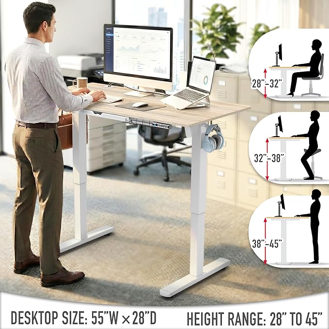 SHW 55 x 28 Electric Height Adjustable Standing Desk w/Drawer, Maple | w/ Memory Presets and Cable Management | Drawer with adjustable compartments | Hanging Hooks - Image 6