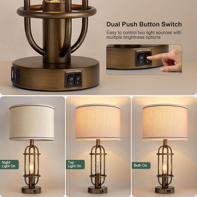 Reaketon Table Lamps for Living Room Set of 2, 22.3" Farmhouse Lamps for Nightstand, Industrial Table Lamps for Bedroom with USB Ports - Image 2