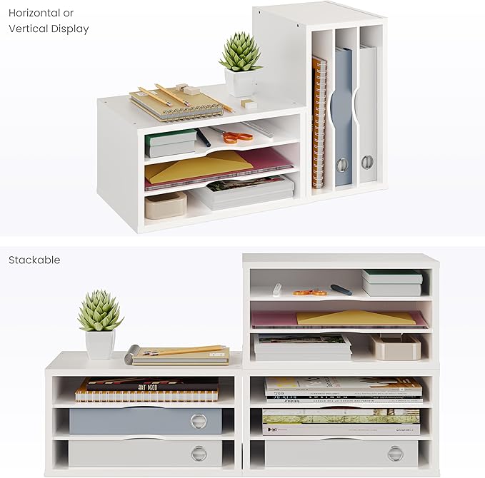 Ballucci File Organizer, 3-Tier Document Paper Sorter, Stackable Wood Desk Organizer, Mail Sorter and Monitor Stand with Storage Shelves, White - Image 5