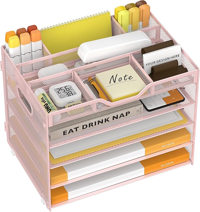 5 Tier Paper Letter Tray Desk Organizer with Pen Holders - Pink | Features 3 pen holders and 4 removable dividers.Versatile mesh desktop storage for mail, document,office supplie by OrgMate