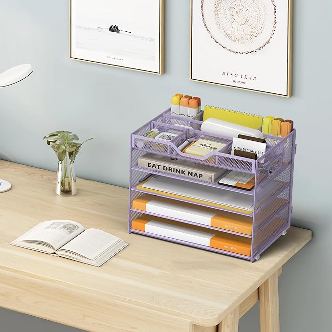 5 Tier Paper Letter Tray Desk Organizer with Pen Holders - Purple | Features 3 pen holders and 4 removable dividers.Versatile mesh desktop storage for mail, document,office supplie - Image 6