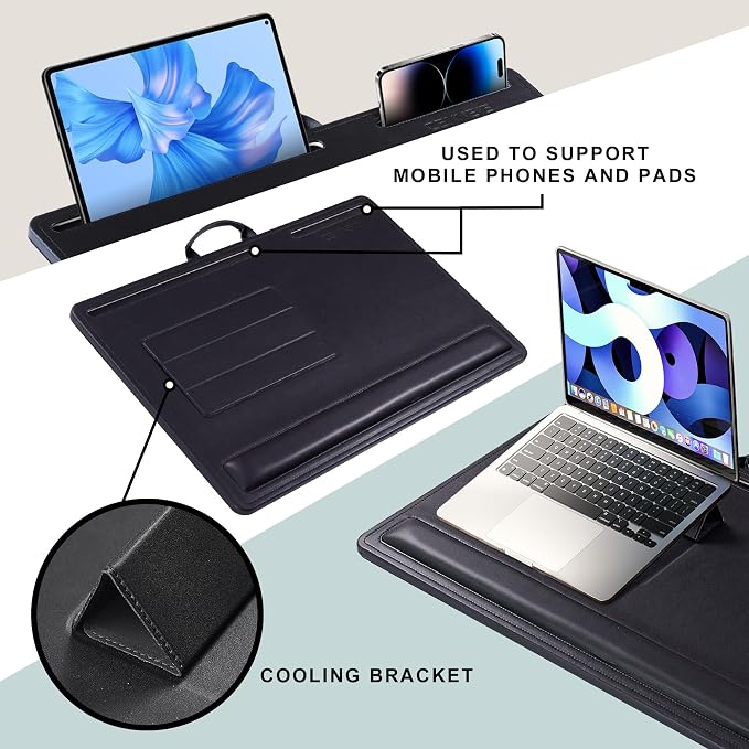 CENNBIE Leather Lap Desk with Memory Foam Cushion 24x16 Inches (Black) | Adjustable Portable Laptop Tray Fits 17 / 19 Inch Notebook - Built-in Wrist Rest Lightweight Computer Desk - Image 3