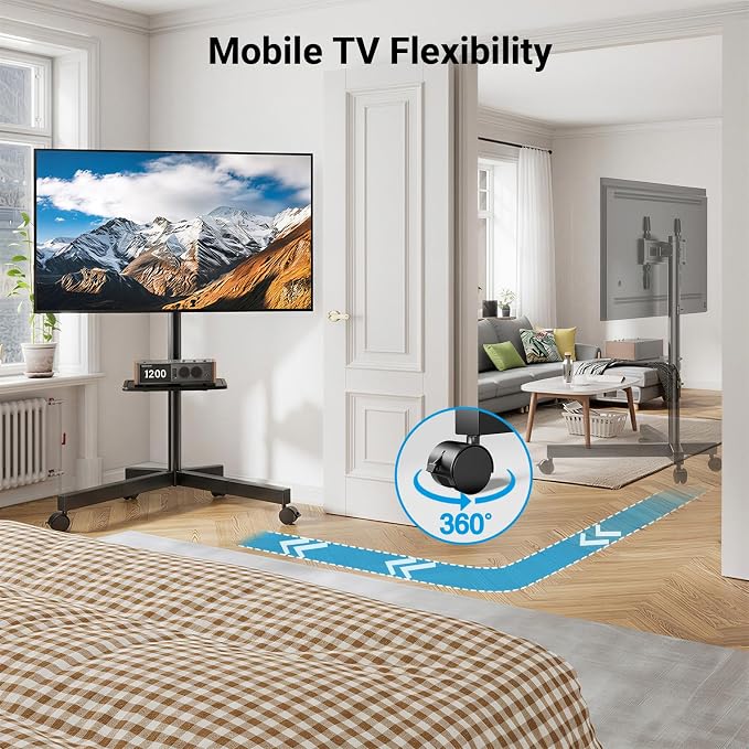 PERLESMITH Rolling TV Stand for 26-65 Inch TVs up to 88 lbs, Mobile Outdoor TV Stand with Shelf & Large Base, Tilt TV Stand with Wheels, Portable TV Cart for Bedroom, Max VESA 400x400mm, PSTVMC06B-B - Image 6
