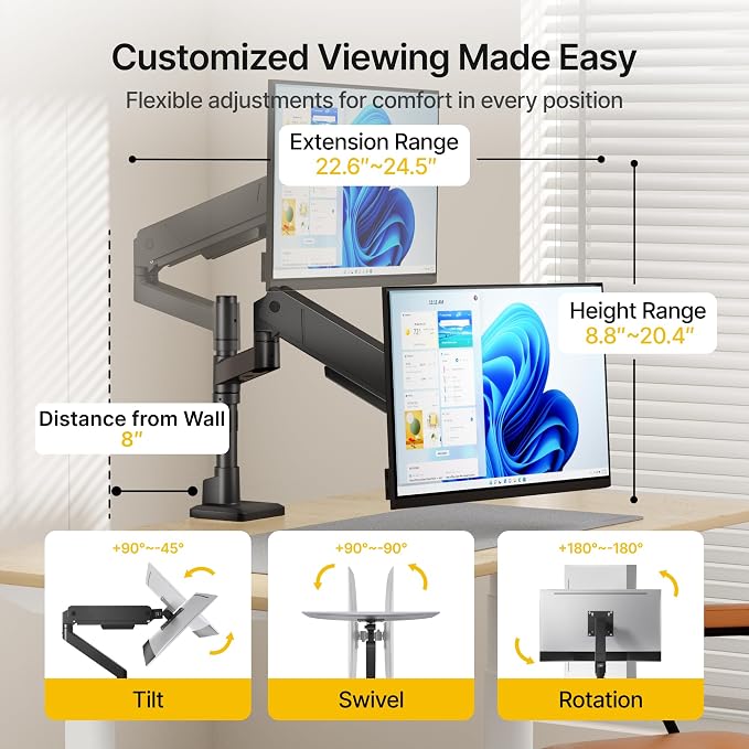monTEK Tall Single Monitor Arm for 17 to 45 Inch Screen, Holds 35 Lbs | Adjustable Upgraded Heavy Duty Ultrawide Monitor Arm with C Clamp, Grommet Base, Cable Management, VESA 75/100mm - Image 2