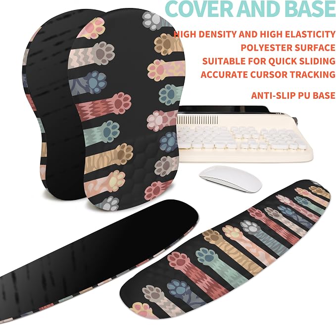 2-in-1 Ergonomic Set, Wave Rise Keyboard Wrist Rest and Massage Bulge Slope Mouse Pad Wrist Support, Cushion Memory Foam Integrated to Relieve Wrist Pain, Multicolour Cat Claws - Image 6