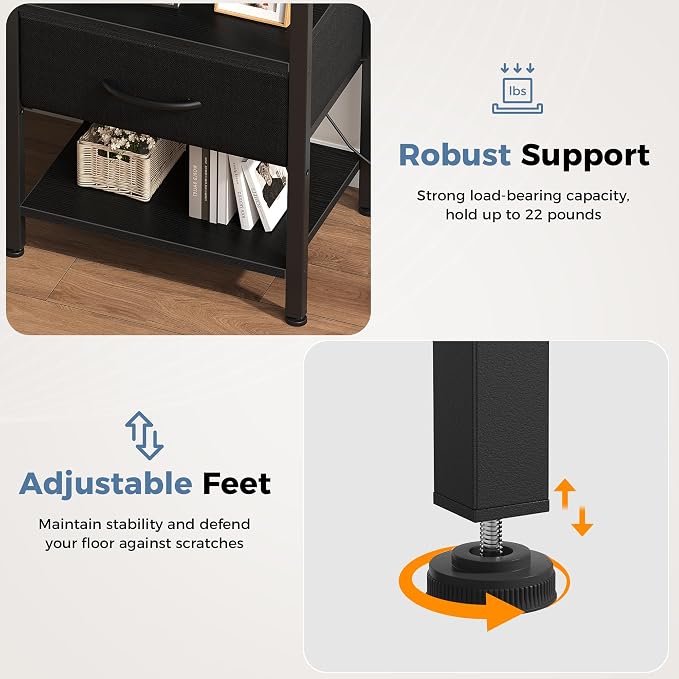 OLIXIS Nightstand with Charging Station, Beside Table with Fabric Drawer | 3-Tier End Table with 2 Storage Shelves,Night Stand with USB Ports and Outlets for Bedroom, Black - Image 7