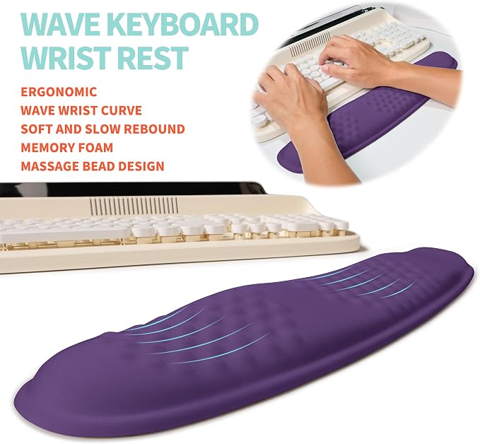 2-in-1 Ergonomic Set, Wave Rise Keyboard Wrist Rest and Massage Bulge Slope Mouse Pad Wrist Support, Cushion Memory Foam Integrated to Relieve Wrist Pain, Dark Purple - Image 2