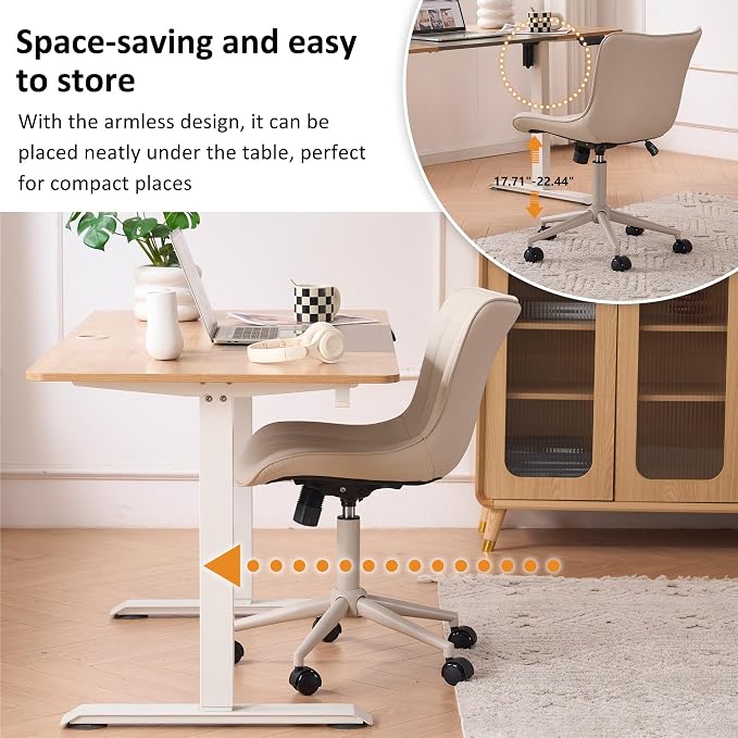 YOUNIKE Office Desk Chair with Wheels Armless Vanity Chair Ergonomic Cream | Faux Leather Upholstered with Rocking Back, Swivel Height Adjustable, Modern Small Cute Task Chair For Sewing Drafting - Image 6
