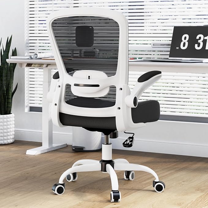 Mimoglad Ergonomic Office Chair - Desk Chair with Flip-up Armrests & 135° Recline, Adjustable Lumbar Support - Space-Saving Task Chair for Business/Team Office & Home (White Frame-Black, 300lbs) | Supports 300 lbs · Seat 19.48"–23.4" · Breathable mesh ... - Image 9