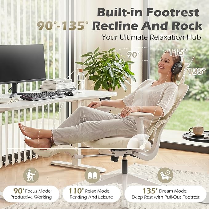 Ergonomic Office Chair with Footrest and Dynamic Lumbar Support, Cream | Reclining high-back computer chair, memory foam seat, 2D armrests, 2D headrest, mesh desk chair for home office, long hours - Image 5