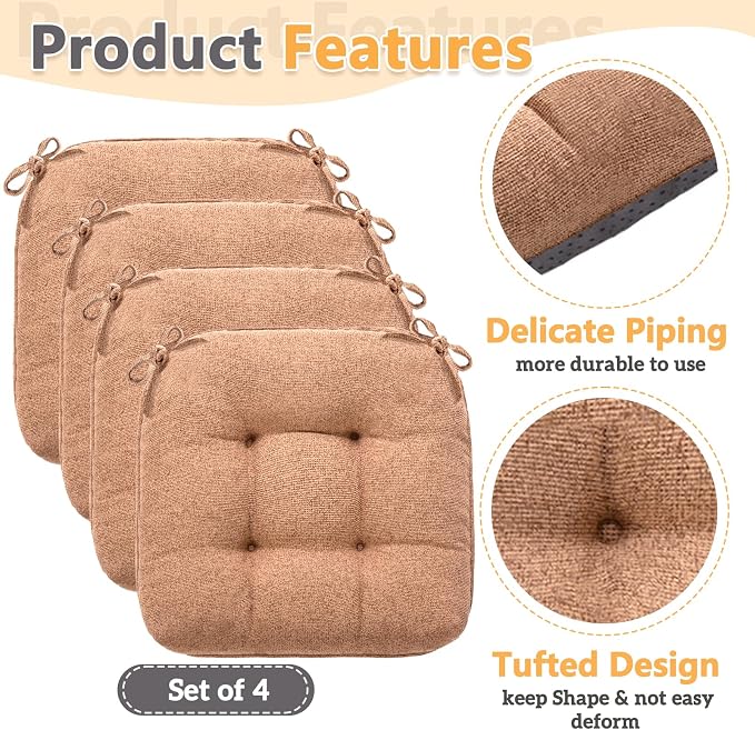 MAGIC ELEPHANT Chair Cushions for Dining Chair, Shredded Memory Foam Kitchen Chair Cushions Set of 4, Non-Slip Thick Dinning Room Chair Pads Seat Cushions, 15.5" x 15.5" x 4" (Brown) - Image 5