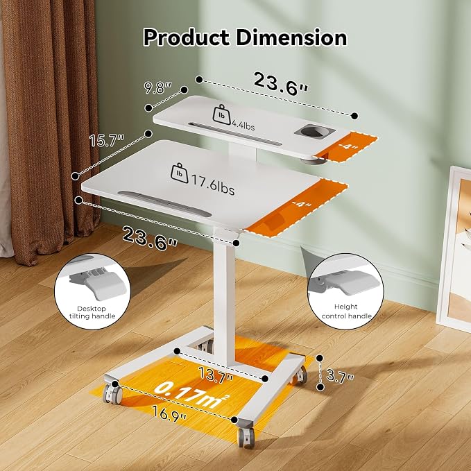 24" Mobile Standing Desk, Tiltable Top with 2-Tier Shelves, White | Pneumatic Rolling Desk, Adjustable Height Small Computer Workstation, Portable Drafting Table with Locking and Hidden Wheels - Image 3